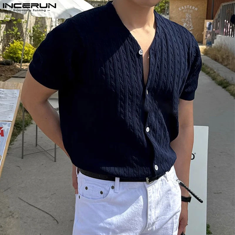 INCERUN Men Shirt Solid Color V Neck Short Sleeve Streetwear Summer Men Clothing Korean Style 2024 Knitted Fashion Male Shirts