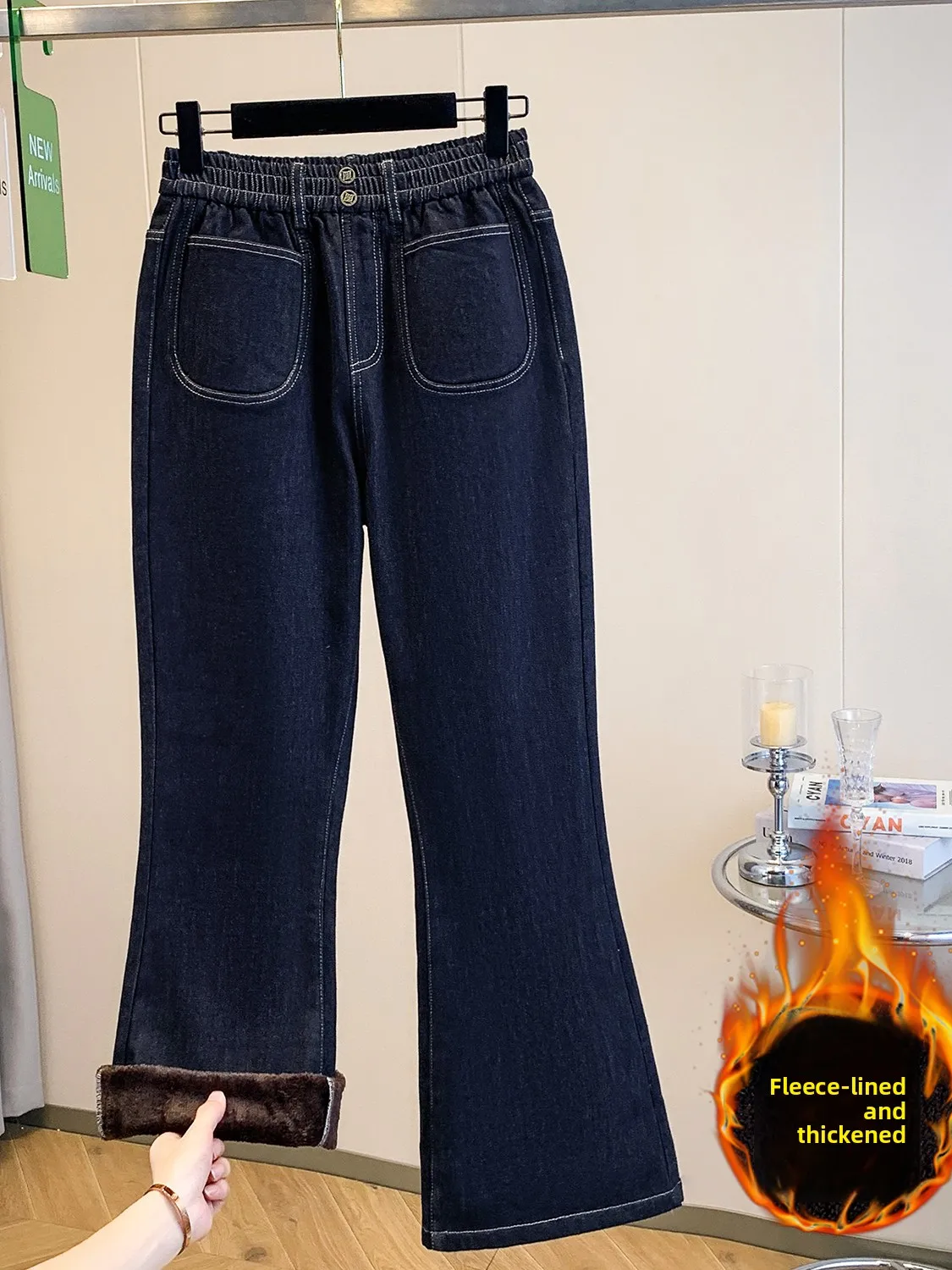 High Waist Flared Jeans Women's Winter Faion Elastic Waist Warm Cotton Pants Korean Sle  Color Casual Trousers