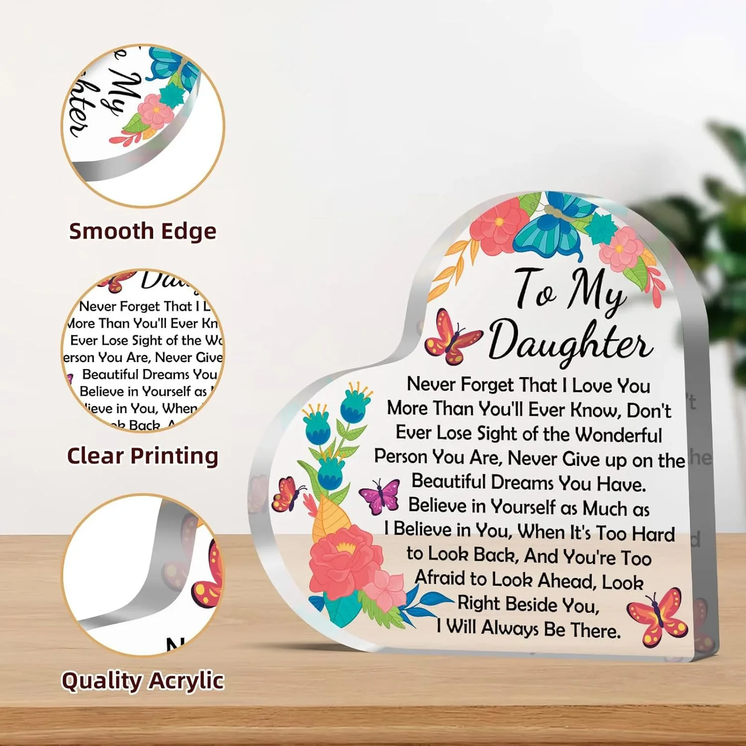 Vibrant Blossom & Butterflies Heart Acrylic Keepsake Plaque, Loving Sentimental Table Ornament