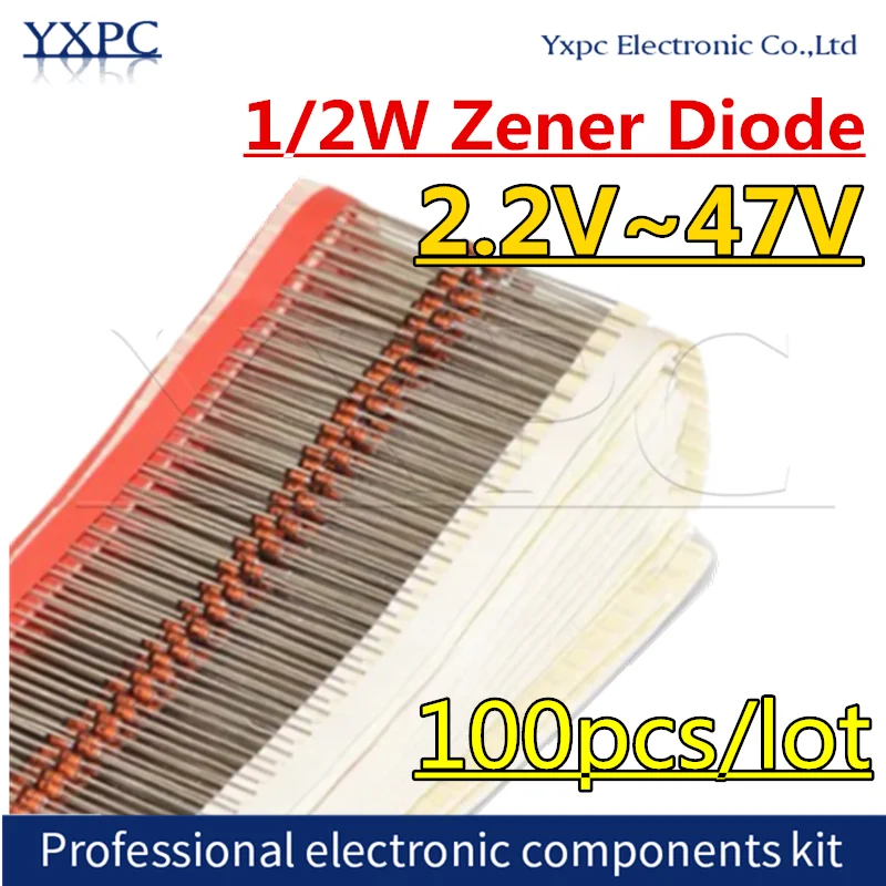 100PCS 1/2W Zener Diode 0.5W 2.2V~47V 3V 3.3V 4.7V 5.1V 6.8V 9.1V 12V 16V 18V 22V 27V 33V 36V 43V BZX55C3V3 BZX55C4V7 BZX55C18V