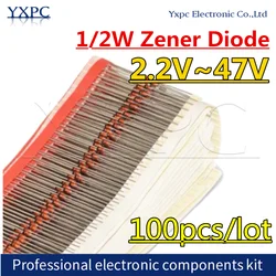 100PCS 1/2W Zener Diode 0.5W 2.2V~47V 3V 3.3V 4.7V 5.1V 6.8V 9.1V 12V 16V 18V 22V 27V 33V 36V 43V BZX55C3V3  BZX55C4V7 BZX55C18V