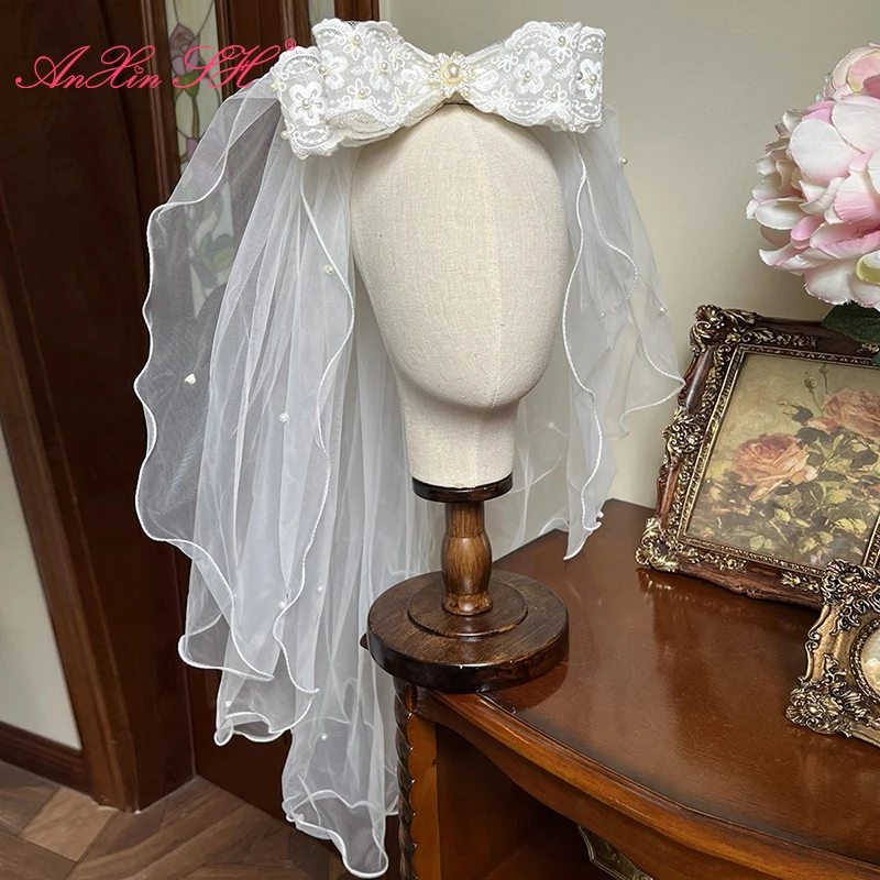 

AnXin SH vintage bride white lace veil princess big bow beading peals wedding bride props French customized lace bride veils