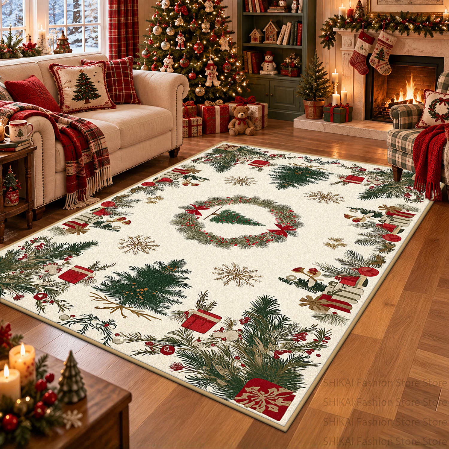 Christmas Tree Wreath Plaid Pattern Large Carpet Red Green Holiday Living Room Rug Non-Slip Washable Soft Floor Mat Decor Home