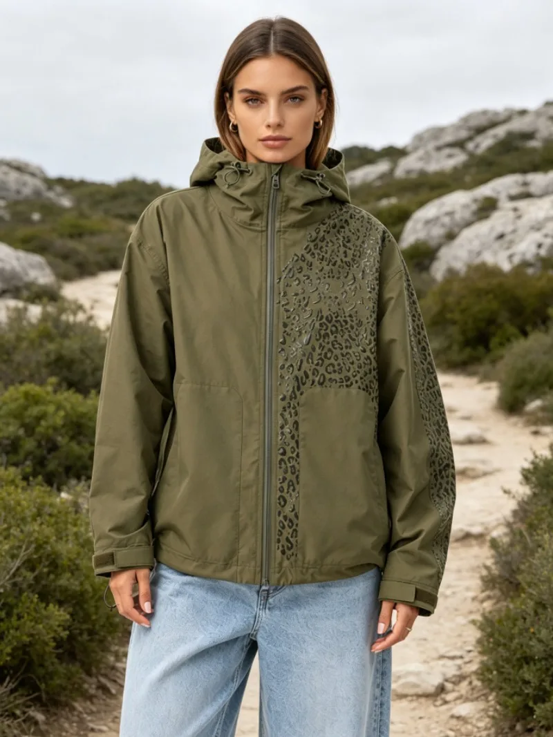 2026 Women Color‑Changing Leopard Print Jacket Windproof Outdoor Sports Hoodie Water‑Sensitive Discoloration Casual Outerwear