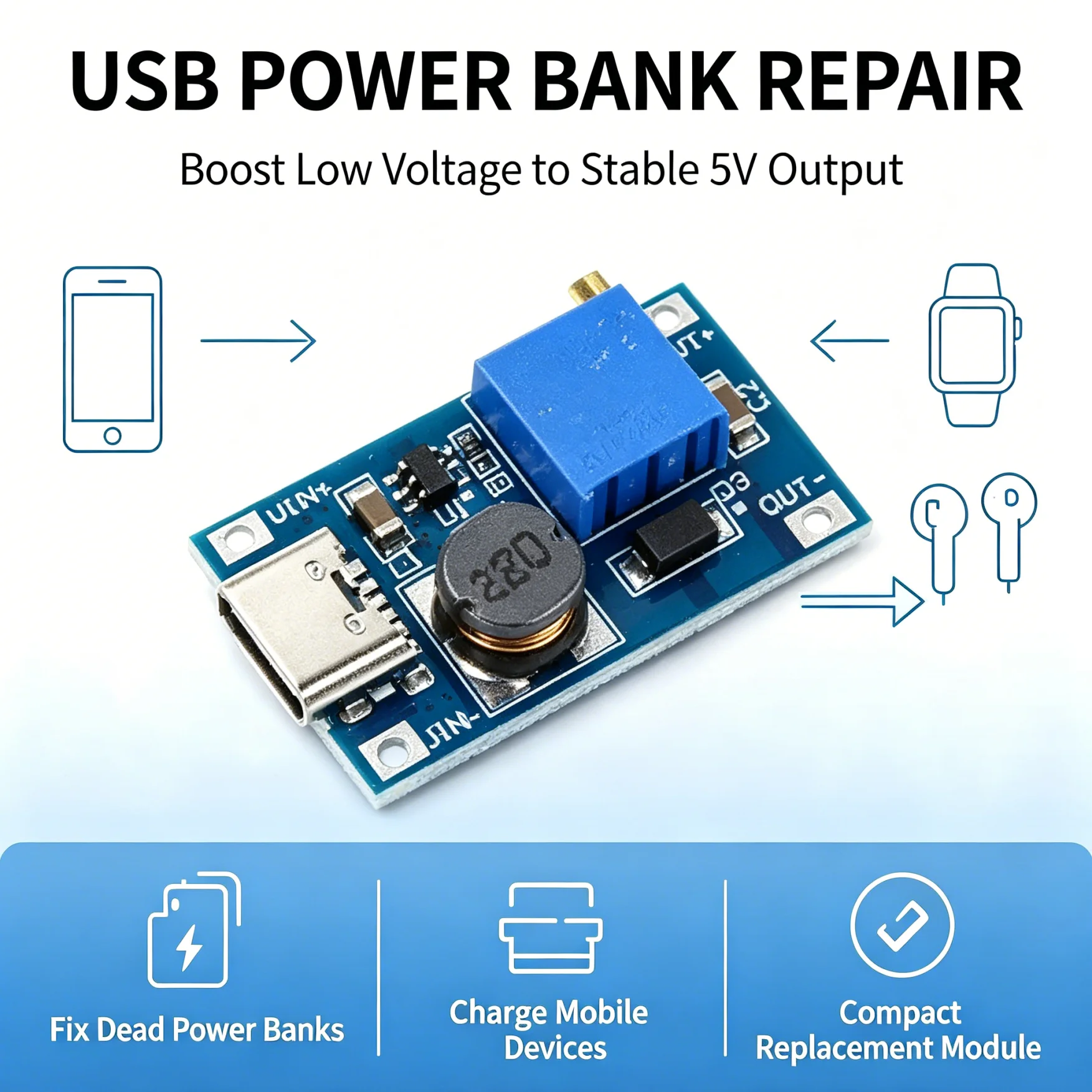 MT3608 DC-DC Step up Converter Boost Module 2A USB Power Supply Booster for Electronic Devices Max Output 26V - Single Pack/2-Pa