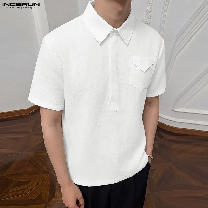 INCERUN Men's Shirt Solid Color Lapel Short Sleeve Summer Casual Tops For Man Korean Style Loose 2026 Fashion Men Clothes Shirts