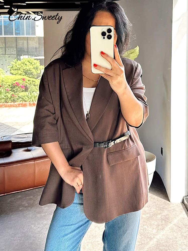 

Loose Lapel Women's Blazer Coat Leather Buckle Half Sleeve Pockets Turn -down Collar Brown Jacket 2025 Lady Commute Outwears