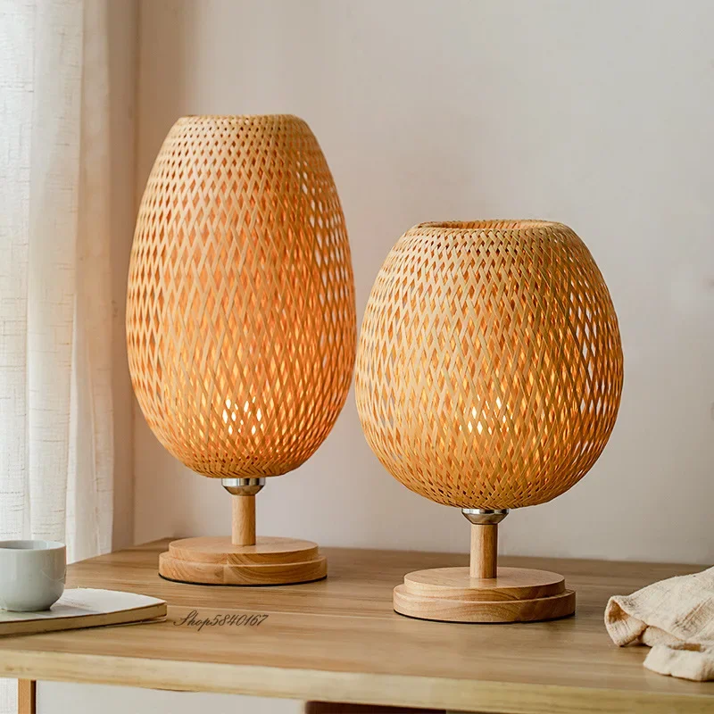 Vintage Bamboo Table Lamps Chinese Style Handmade Wooden Desk Lamp for Living Room Bedroom Decoration Creative E27 Beside Lamp