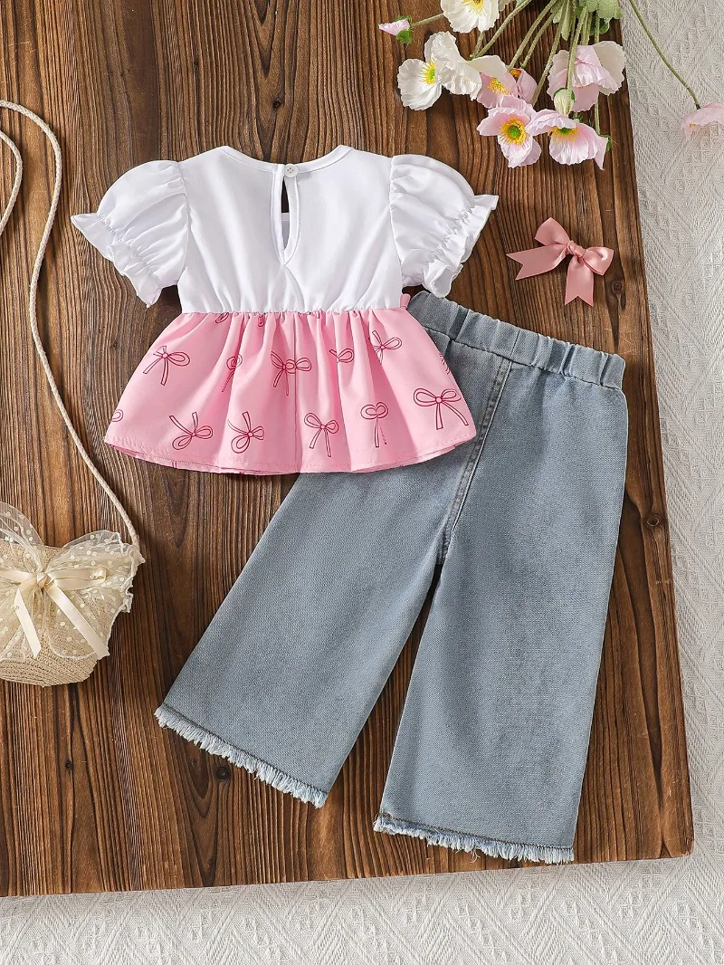 2026 New Infant/Toddler Bow Print Spliced Camisole Top & Heavy Wash Jeans Set