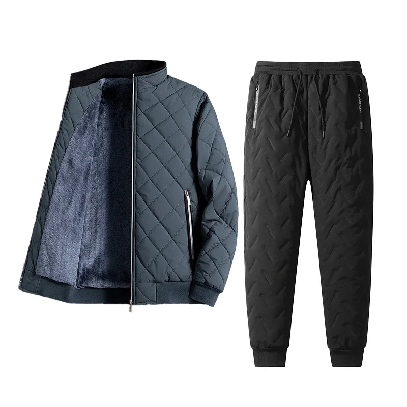 Men's Thermal Parka Mens Winter Warm Quilted Fleece Lined Tracksuit Set Full Zip Fleece Jacket and Sweatpants with Zip Pockets