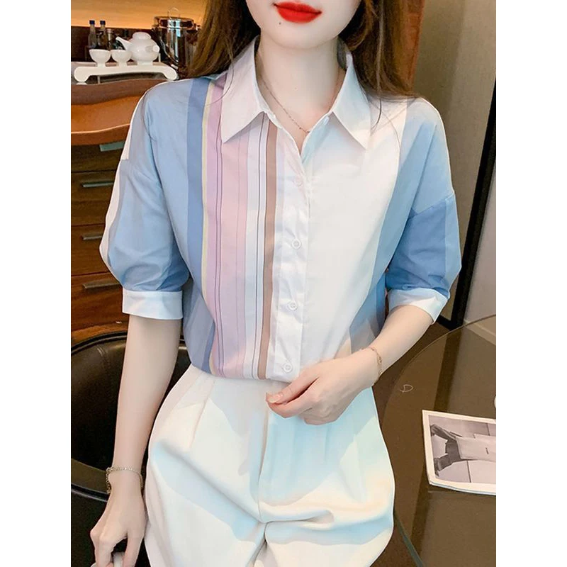 Women Trendy Contrast Color Striped Chic Shirts Summer Simple Casual Lapel Blouse Korean Short Sleeve Loose Tops Female Clothing