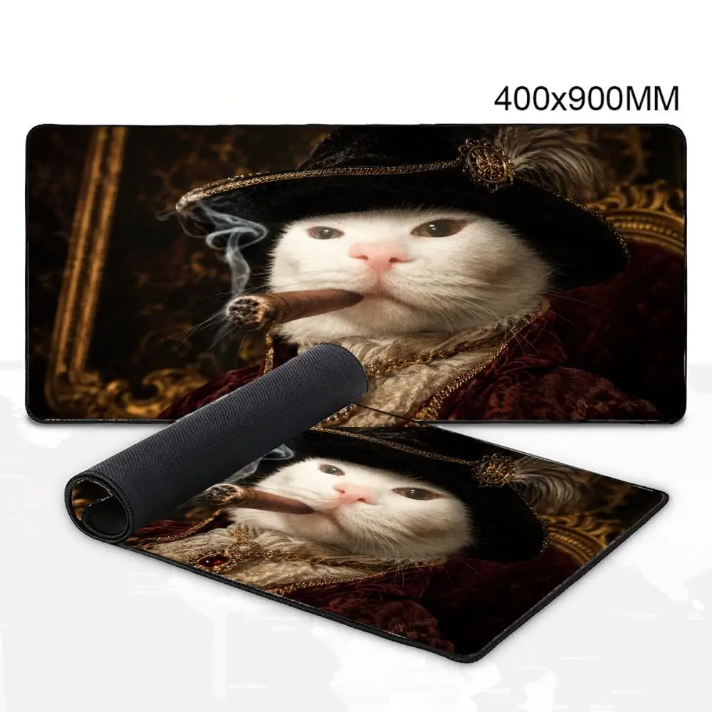 Funny Aristocrat White Cat Cigar Retro Noble Portrait Large Anti-Slip Extended Gaming Keyboard Mouse Pad
