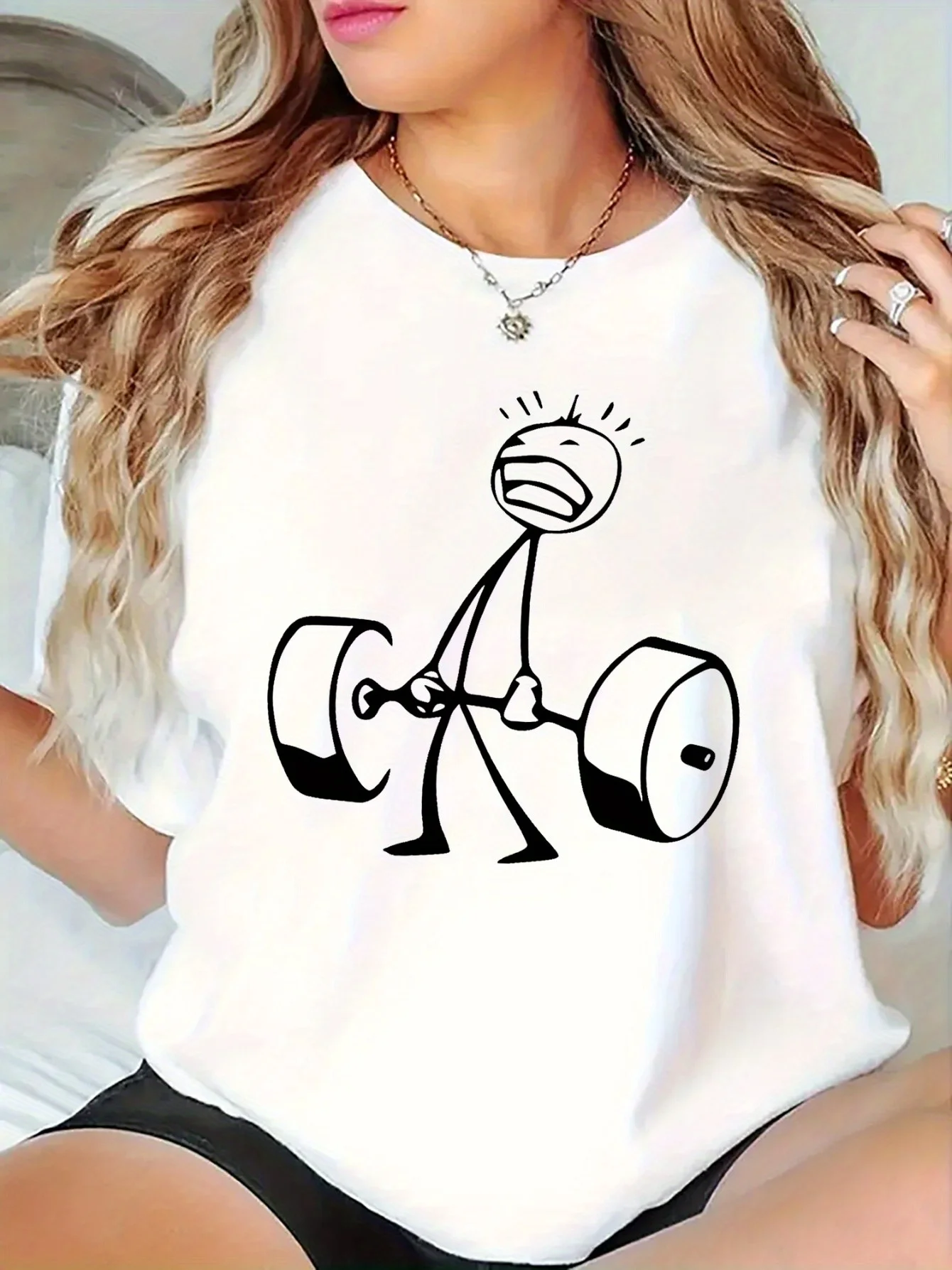 T-Shirt – Weißes T-Shirt mit Grafikdruck und Hantel-Design für Fitnessstudio und Freizeitkleidung, Sommer, kurzärmelige Harajuku-Streetwear-Tops