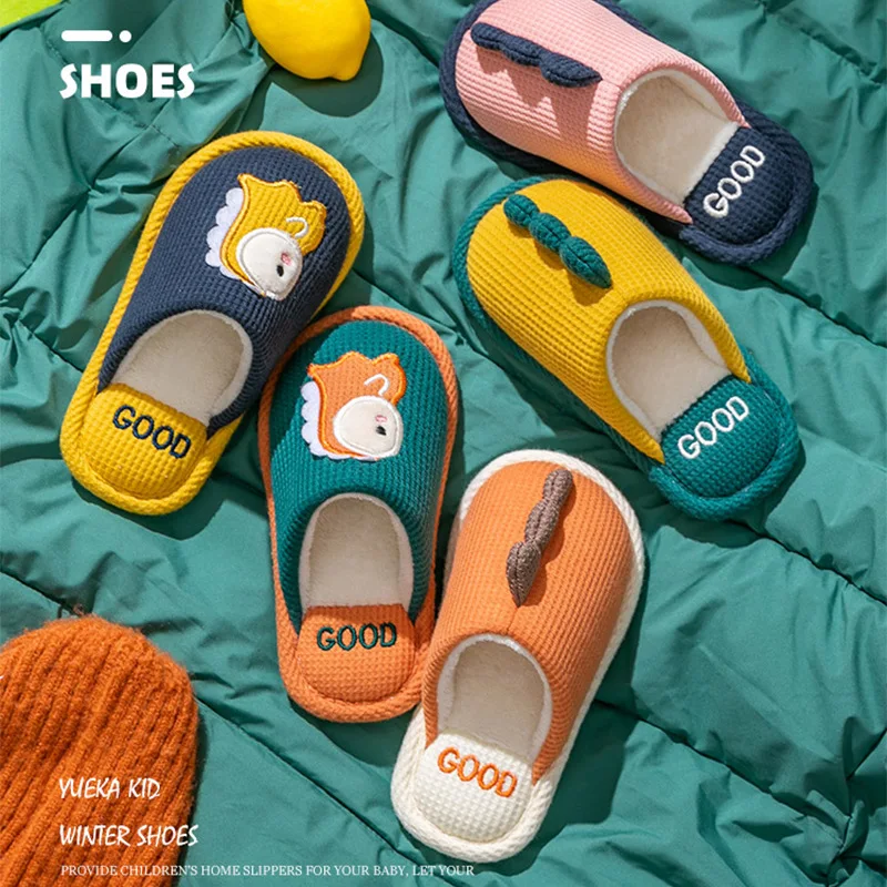 Winter Children Indoor Slippers Kids Cute Dinosaur Shoes Girls Boys Warm Plush Indoor Velvet Soft Cartoon Floor Flip Flops