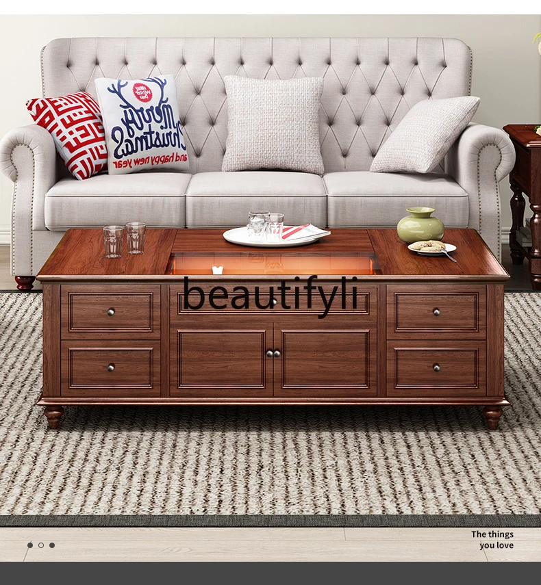 

American Style Solid Wood Automatic Lifting Glass Display Coffee Table with Light and Automatic Watering Function