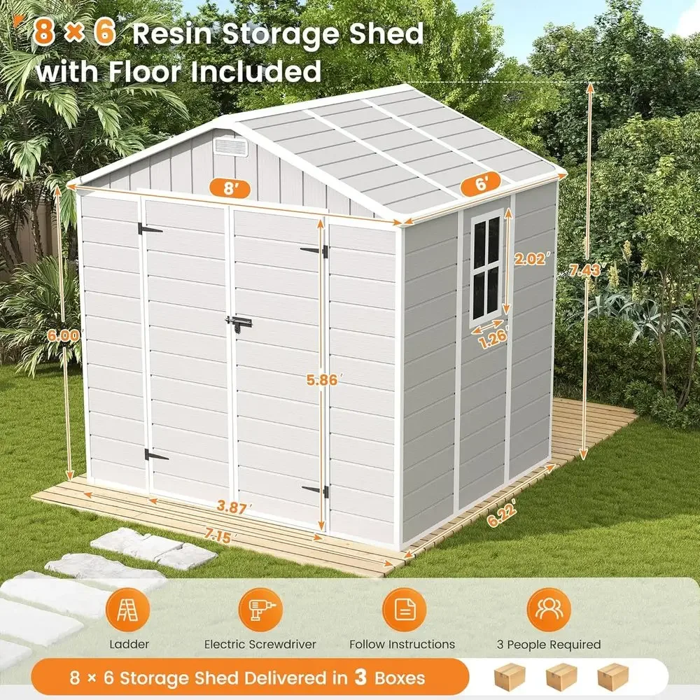 8x6 Outdoor Garden Shed with Floor, Plastic Patio Storage Shed with Lockable Door, Sandstone