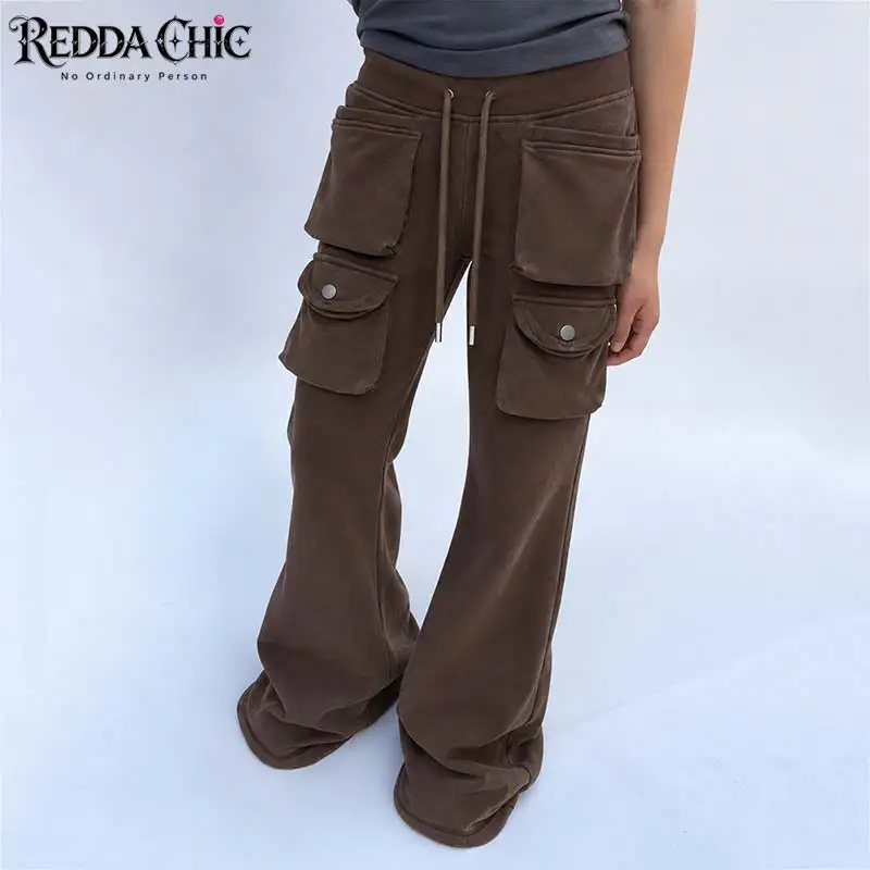 REDDACHiC Casual Cargo Pockets Women Sweatpants Versatile Brown Relaxed Fit Drawstring Low Rise Bootcut Pants Autumn Bottoms