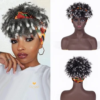 Perruque Synthétique Courte Afro Bouclée avec Turban Ombré pour Femme, Cheveux Crépus, Haute Température, Cosplay
