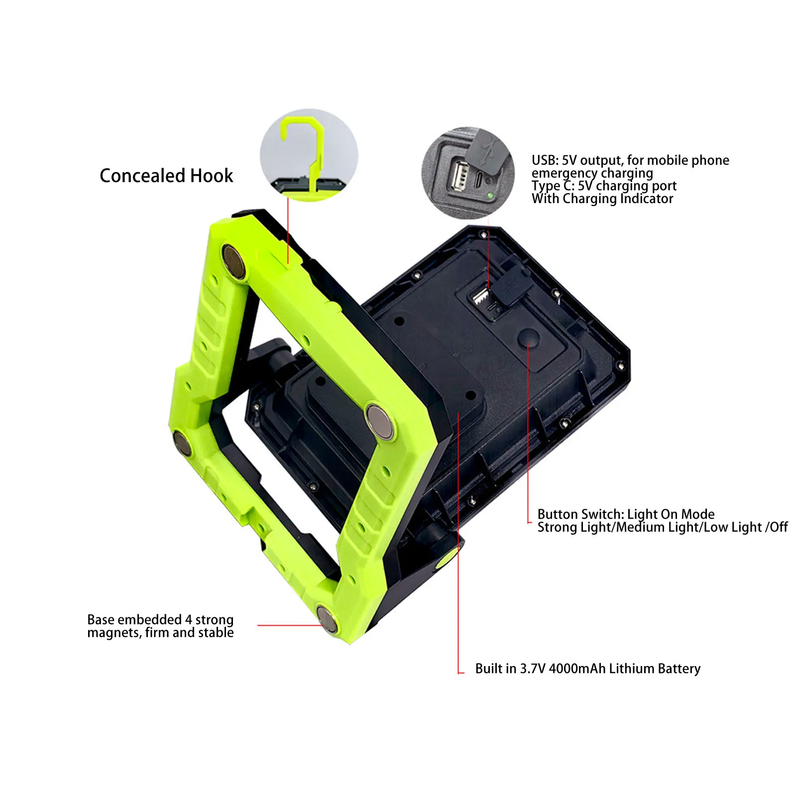 Lampu Kerja Lipat IP65 Tahan Air Maksimum 1300LM Pengisian Daya Tipe C Lampu Sorot LED 3 Tingkat Pencahayaan untuk Berkemah Mendaki di Luar Ruangan