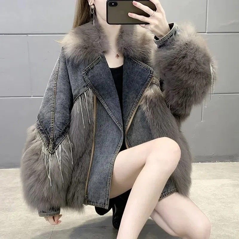 Women Winter New Fashion Denim Imitation Fox Fur Stitching Fur Coat Parkas Oversized Workwear Thick Outwear Casual Denim Jacket