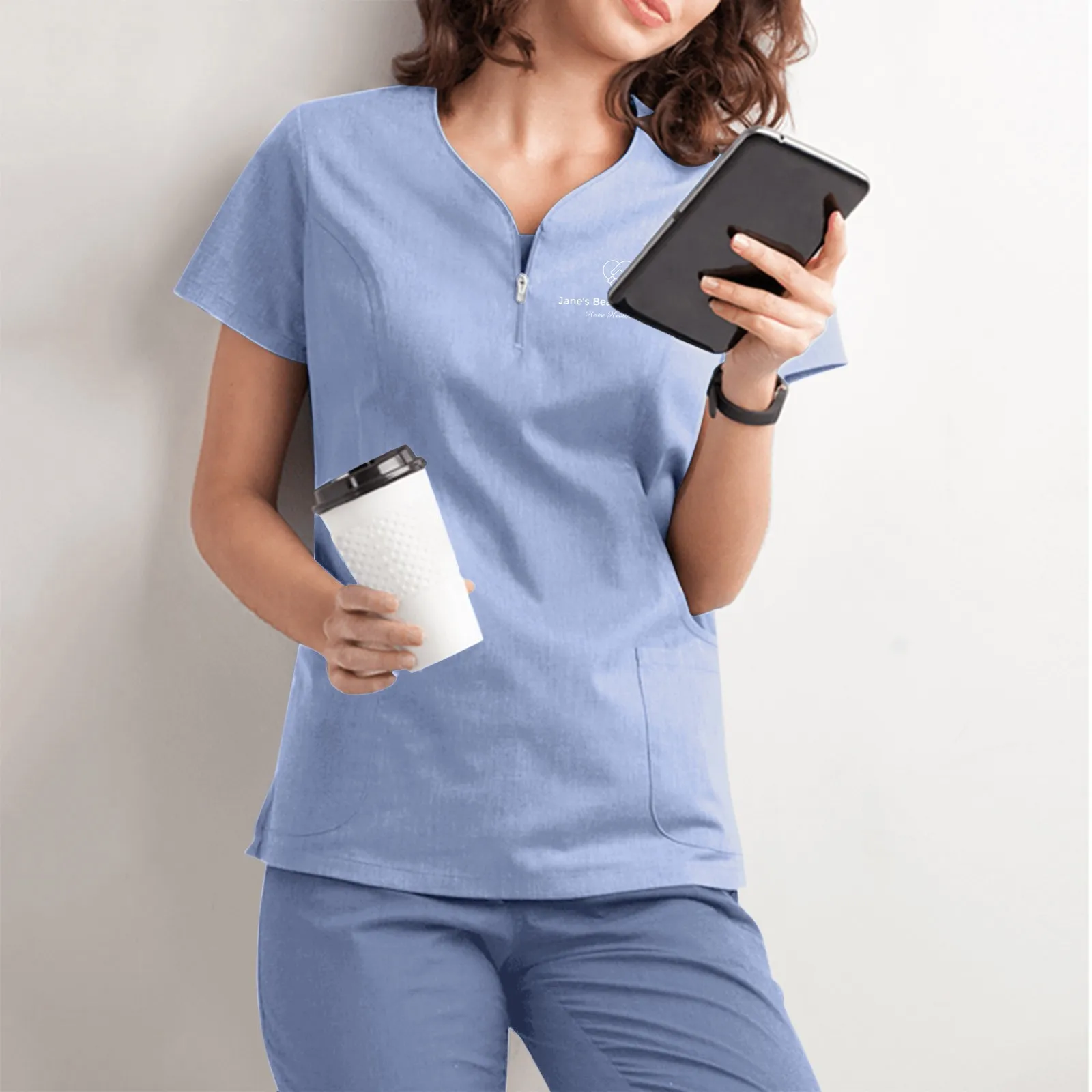 Beautician Solid Uniform Short Sleeve V-Neck Pocket T-Shirt Tops Care Worker Summer Workwear Tops Nurse Uniform Clinic Blouse