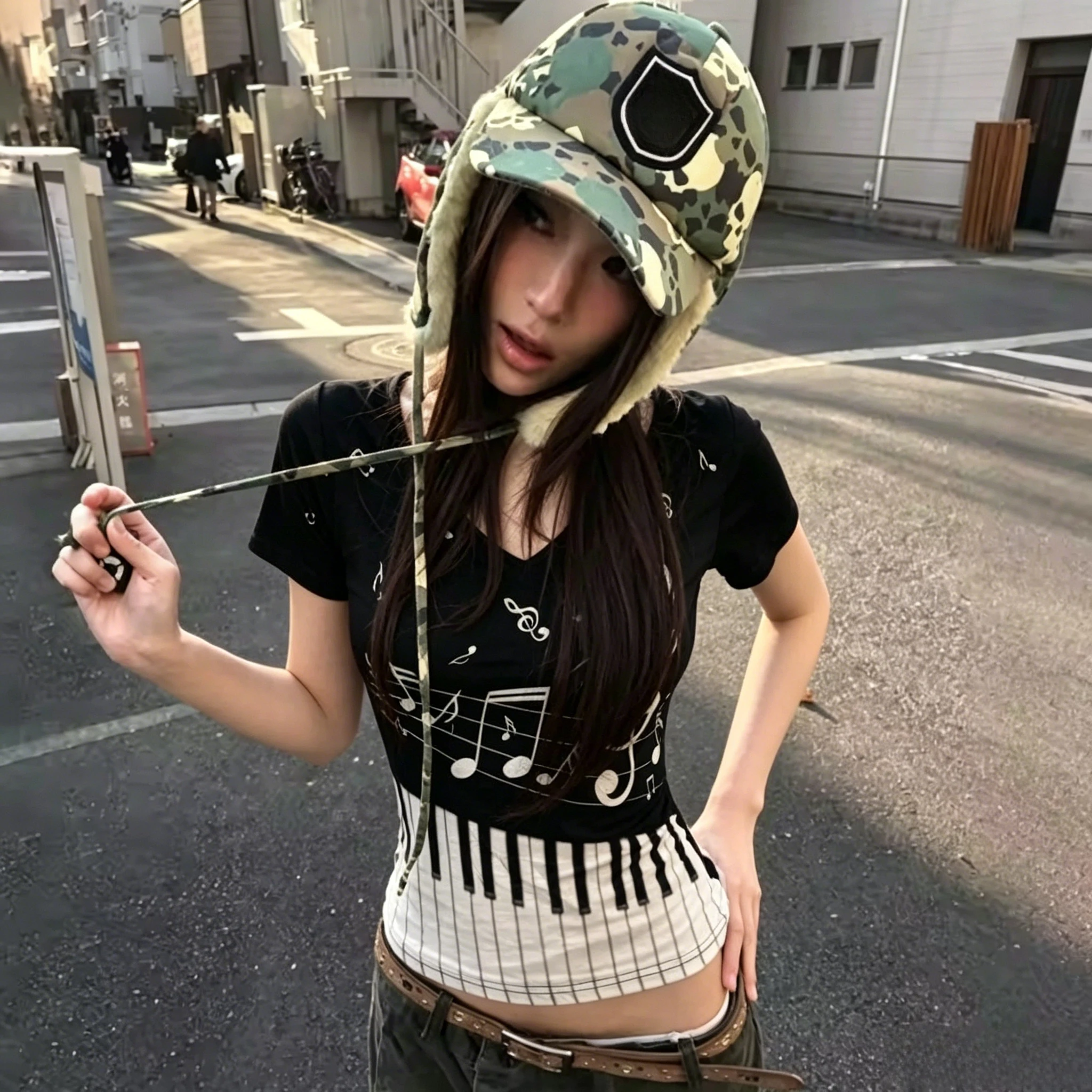 American Piano Key Print Subcultre Japanese Vintage Y2k T-shirt Tops Short Sleeve Harajuku V-neck Tee Retro Female New Clothing