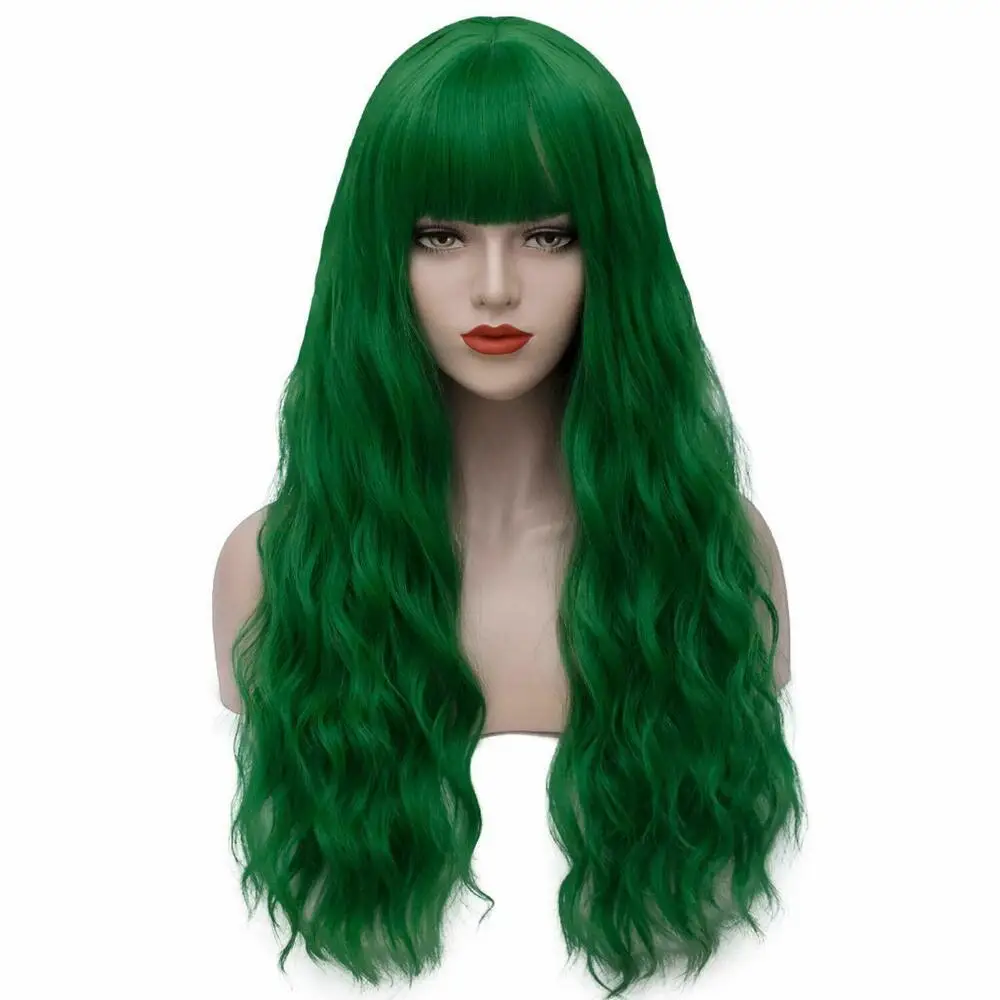 Long Curly Wavy Green with Bangs HalloweenHair Costume Heat Resistant Wigs