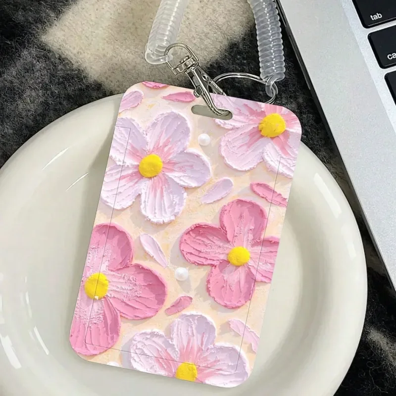 Ins Oil Painting Flower Keychain Bus Bank ID Card Protective Student Meal Card Lady Credit Card Holder Pendant For Girl