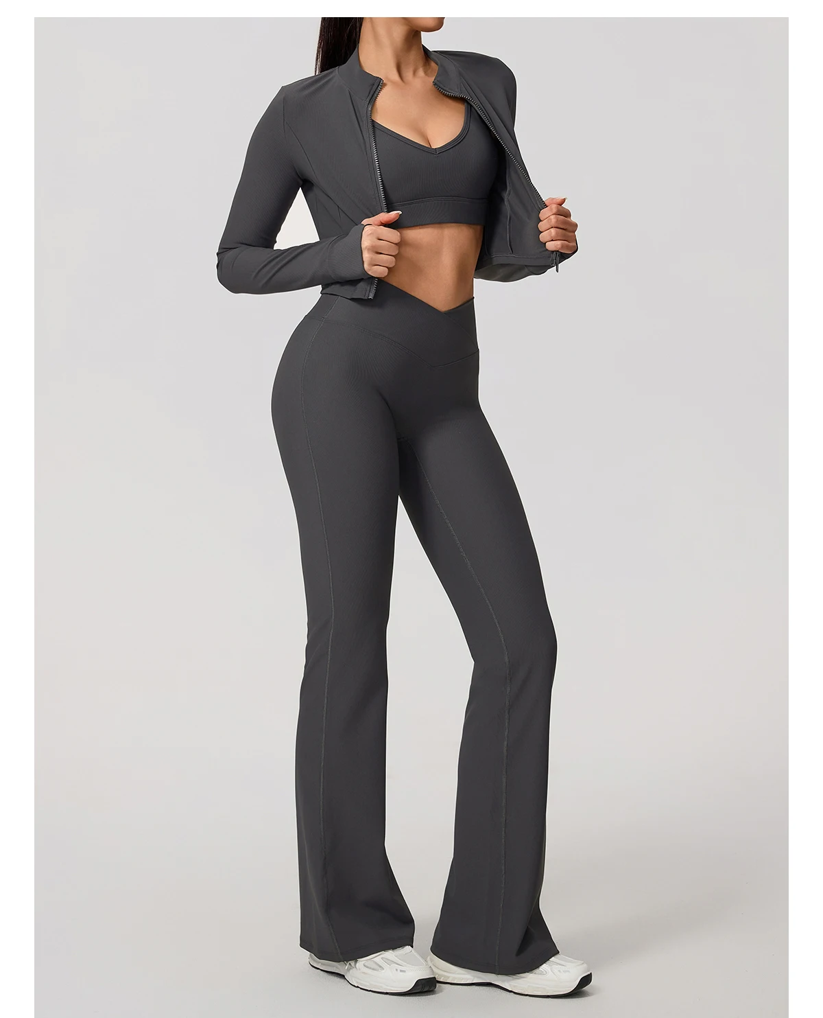 Sommer Damen 2-teiliges Langarm-Yoga-Set V-Taille Gerippte Schlaghose Sportsets Damen Fitness Gym Sportanzug – Detail 19