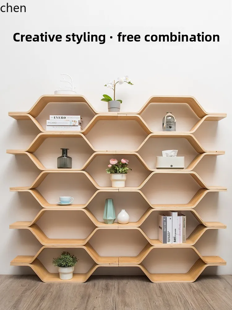 HXL Lattice Bookshelf Shelf Floor to Floor Solid Wood Display Storage Shelf Honeycomb Space-saving