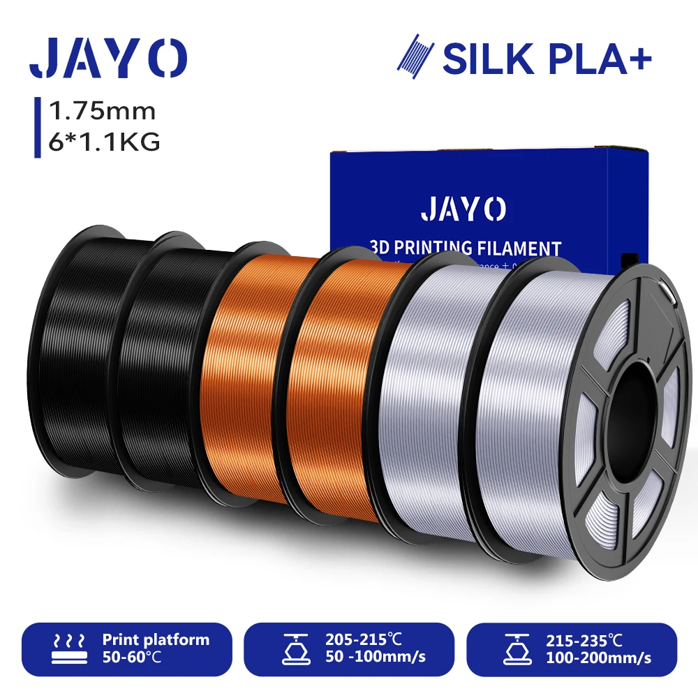 JAYO 6 Rollen SILK PLA + Filament 1,75 mm SILK PLA Plus Filament, glatte, seidige, glänzende Oberfläche, 3D-Filament, geeignet für FDM-Drucker