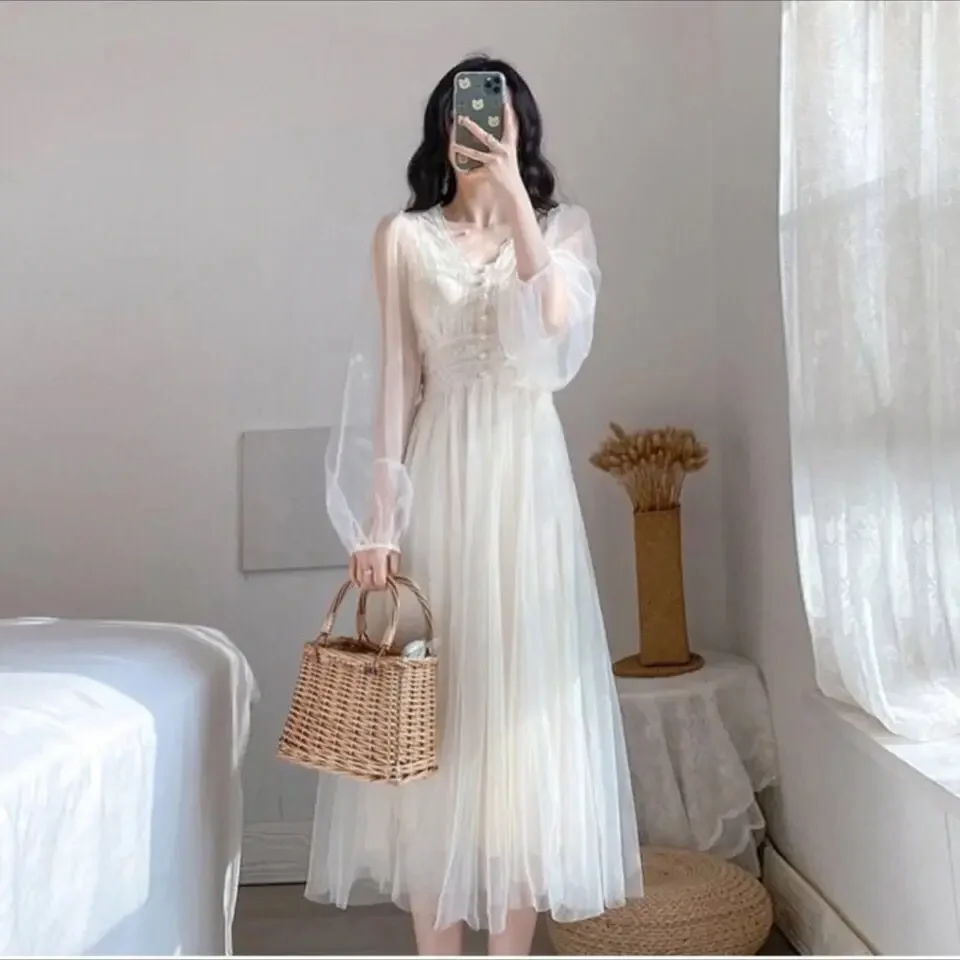 Female Dress A Line Beach Korean Style Women\'s Long Sleeve Dresses New Features of Sensual Sexy Clothes Chic and Elegant Pretty