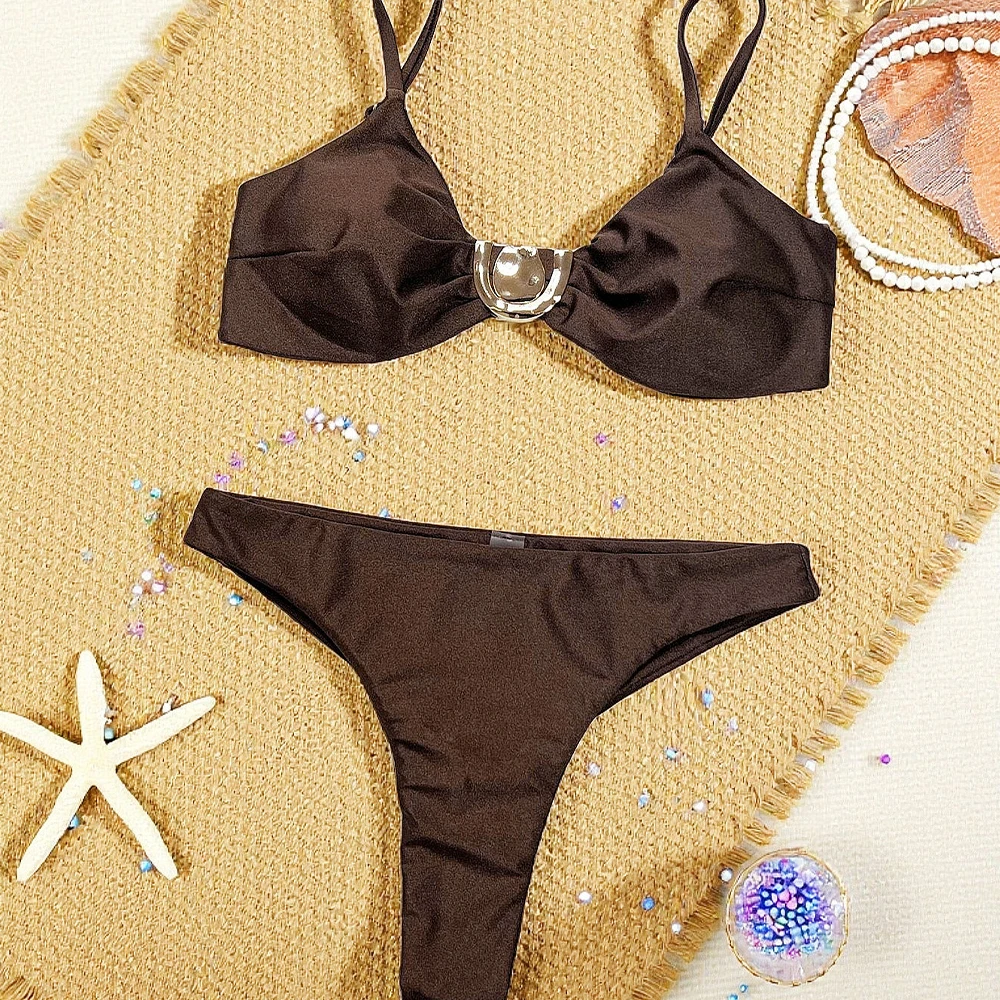 2025Summer Bikini Women's Metal Loop Button Hollow Pushup Swimsuit Beach Swimsuit Pleated High Waist Swimsuit Bikini Beach Dress