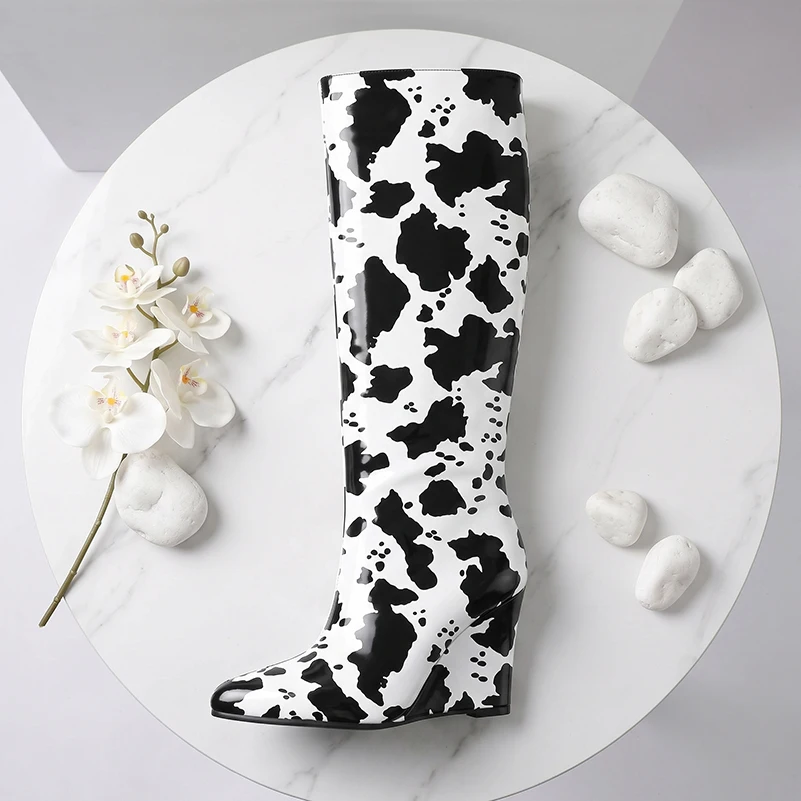 Plus Size Women Zebra Print Knee High Boots, Super High Wedge Heel Fashion Pointed Toe Side Zipper PU Leather Party Evening Boot