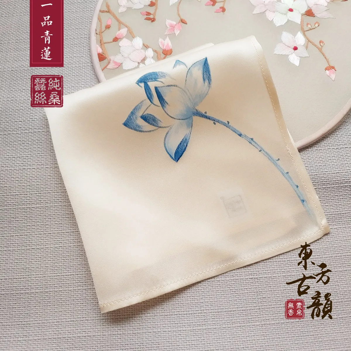 100% Silkworm Silk Lady Hand-painted Product Qinglian Retro Style Literary Handkerchief Gift