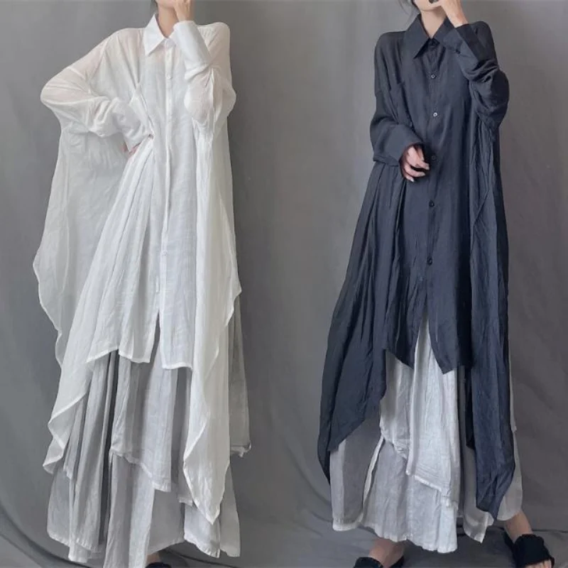 

Fashionable Women's Lapel Long Sleeve Irregular Dress Mid-length Sun Protection Clothes Loose Shirt Group