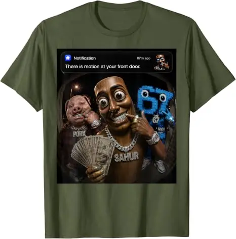 John Pork Tung-Tung-Tung Sahur 67 Meme Lustiges Brainrot T-Shirt „Es gibt Bewegung vor deiner Haustür“ Grafik-Bekleidung Neuartiges Geschenk – Detail 9