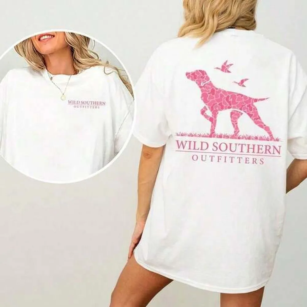 [100% Cotton]Pink Camo Hunting Dog Shirt, Wild Southern T-Shirt, Simply Printed Graphic ShirtNew Comfortable Retro Cotton T-Shirt-L91