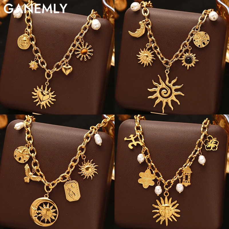 

GANEMLY 316L Stainless Steel Golden Sun Pearls Pendant Necklace For Women Fashion Neck Chain Waterproof Handmade Jewelry Gift