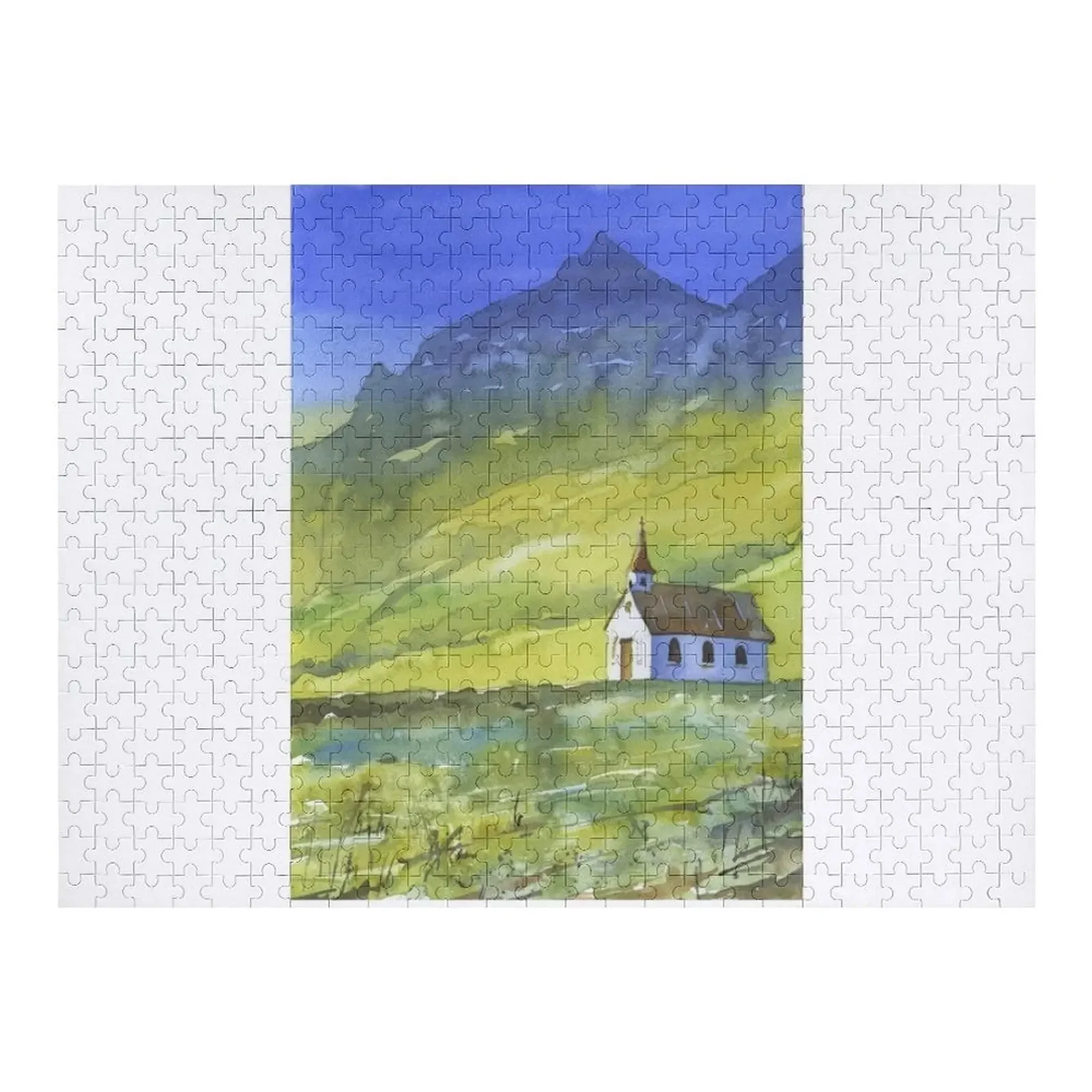 

Reynisfjara beach church near the town of Vik- Iceland. Watercolor painting Icelandic coast colorful wall artwork Jigsaw Puzzle