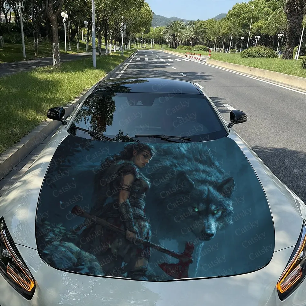 

Female Warrior And Giant Wolf Car Vinyl Wrap - PVC Material,Durable And Stylish Bonnet Decal For Cars, Trucks, And SUVs,Car Stic