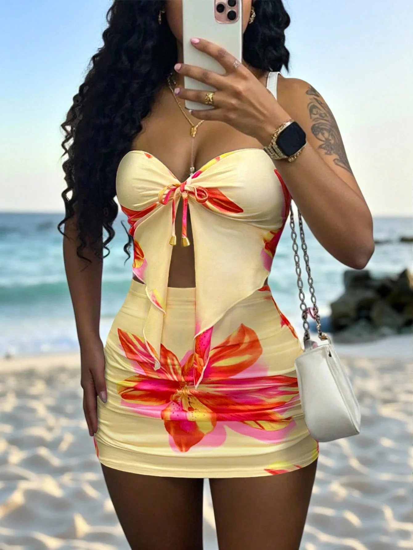 

Женский летний комплект из 2 предметов: сексуальное пляжное мини-платье без бретелек с цветочным принтом