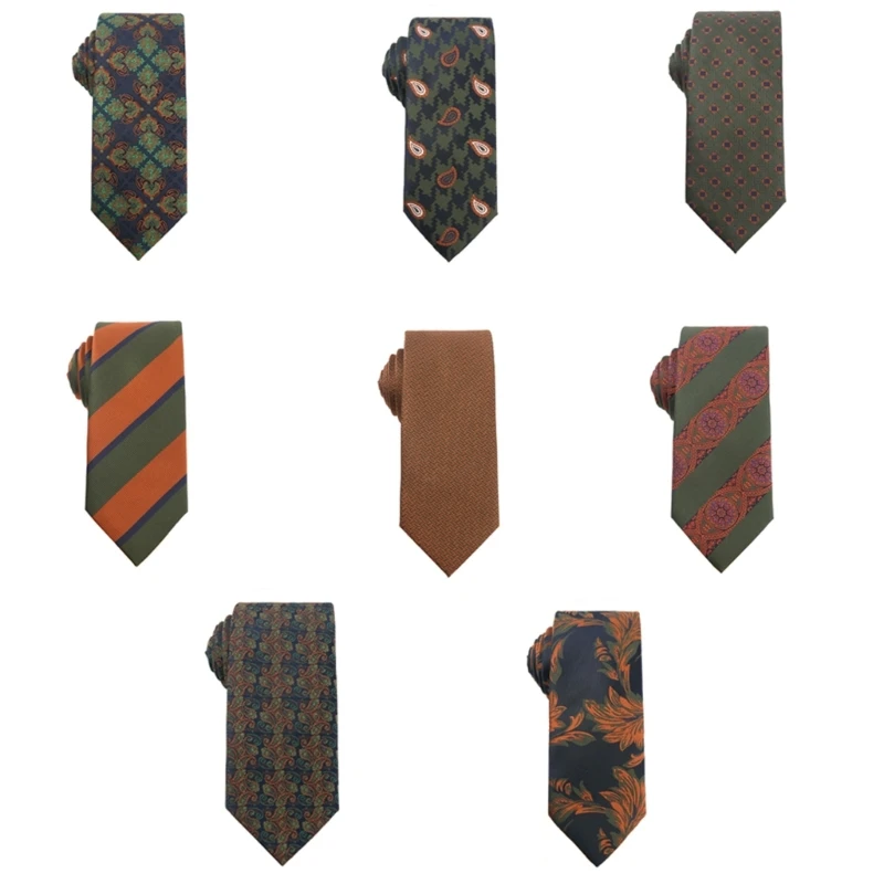 

Mens Women Vintage Flower Striped Neck Tie Novelty Green Orange Color Polyester Silk Necktie for Formal Wear Business