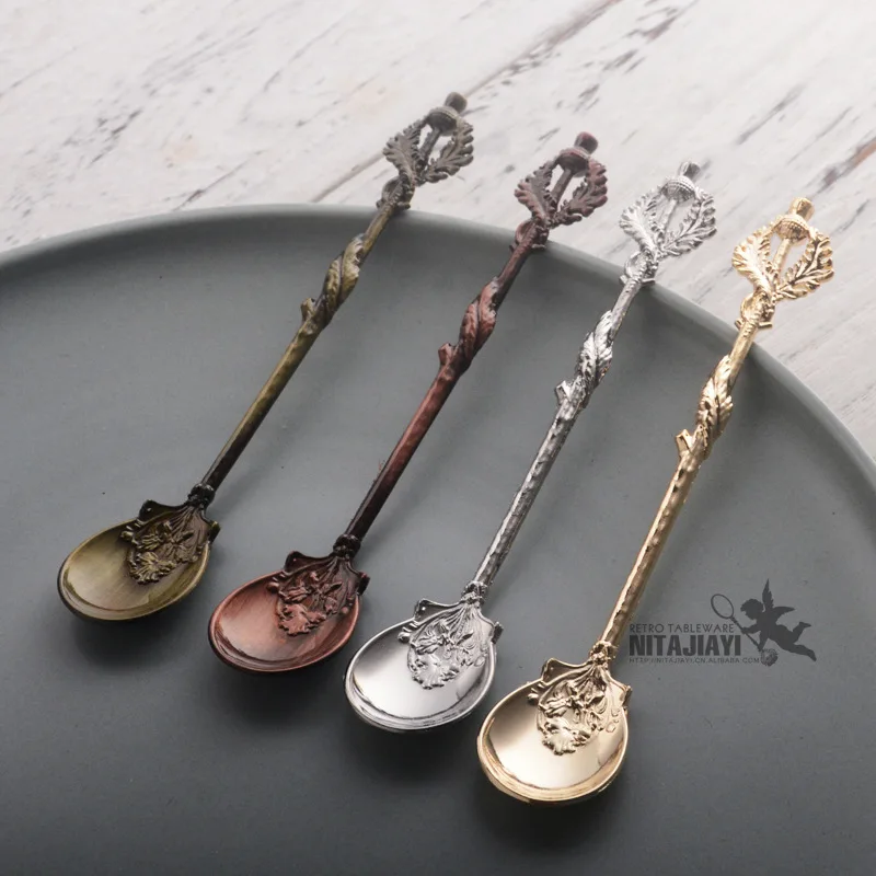 Thistle Leaf Coffee Spoon Vintage Style Coffee Spoon Cutlery Kitchen Accessories European Carved Retro Palace Style Spoons