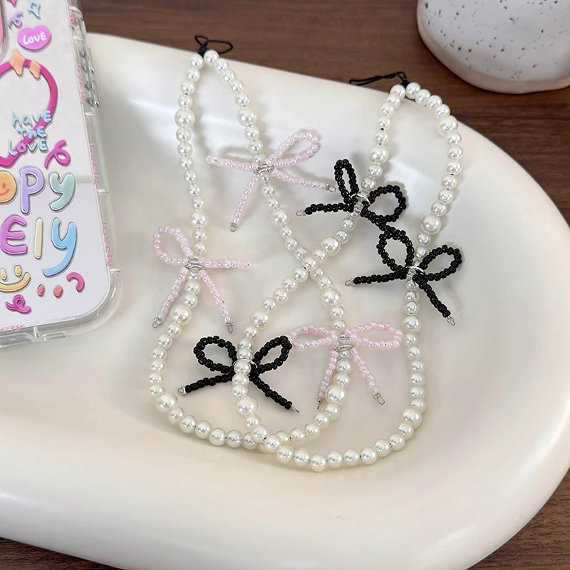 Korean Cute 3D Black Pink Bowknot Beaded Phone Chain For iPhone Camera Hanging Rope Pendant Anti-Lost Lanyard Hanging Jewelry