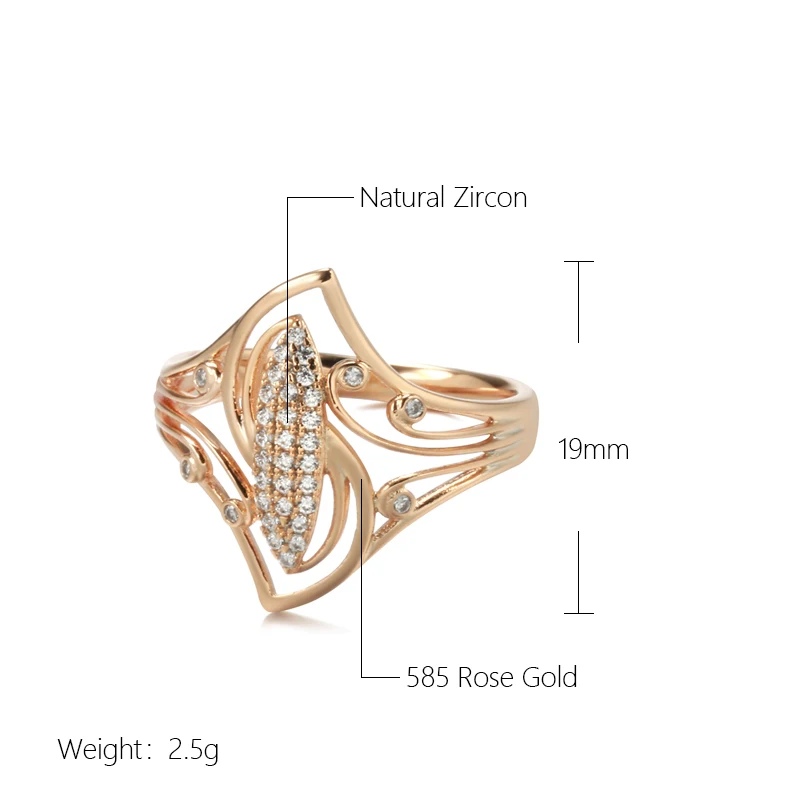 Kinel New Fine Curve Women Rings 585 Rose Gold With Micro Wax Inlay Natural Zircon Ethnic Bride Ring Unique Fashion Jewelry