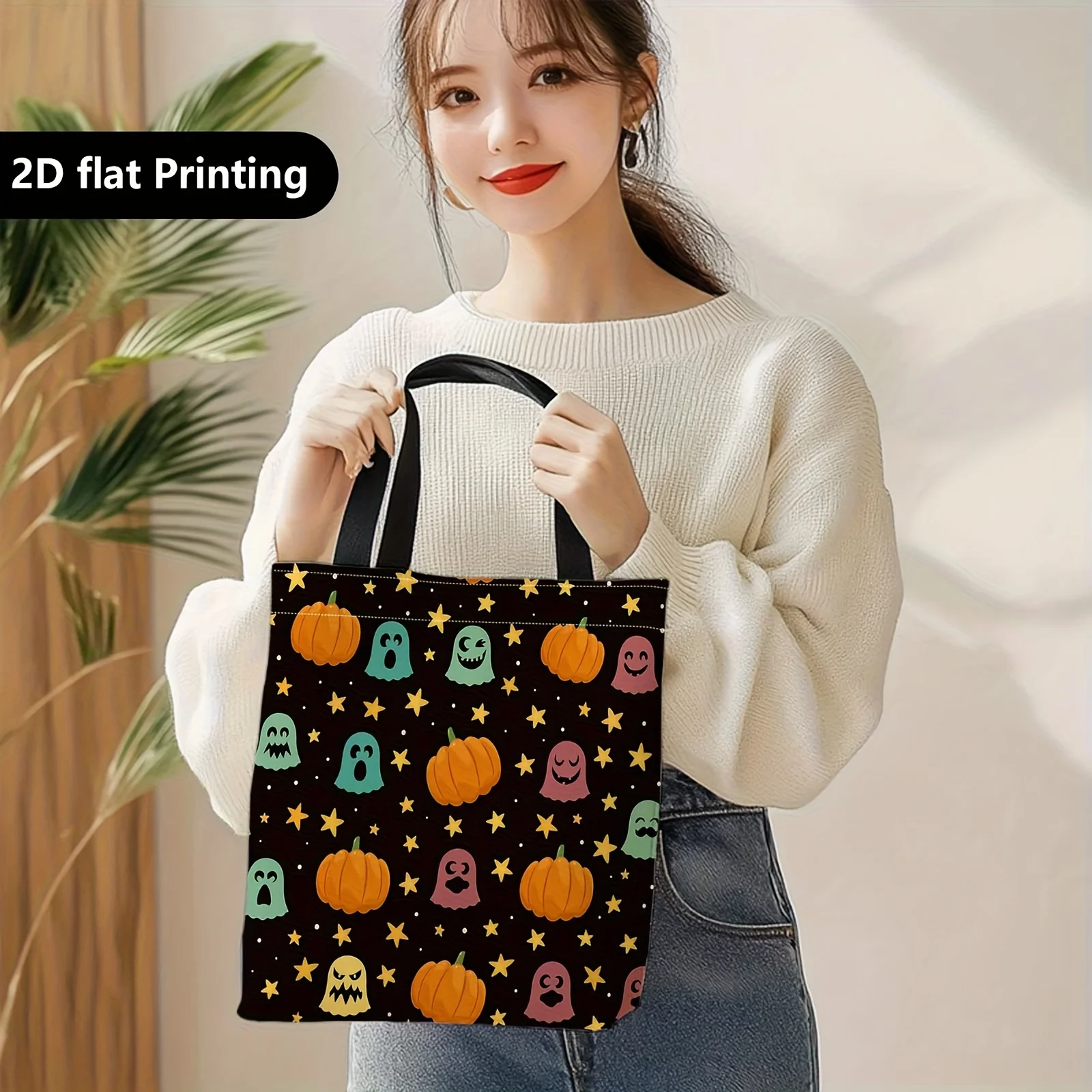Cute Pumpkin Stars Halloween Tote Bag - Canvas Handheld Carrier with Double Handle, Machine-Washable for Travel Parties Bag