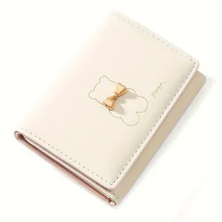 Kawaii Bear Pattern Mini Short Wallet, Trifold Coin Purse, Solid Color Credit Card Holder