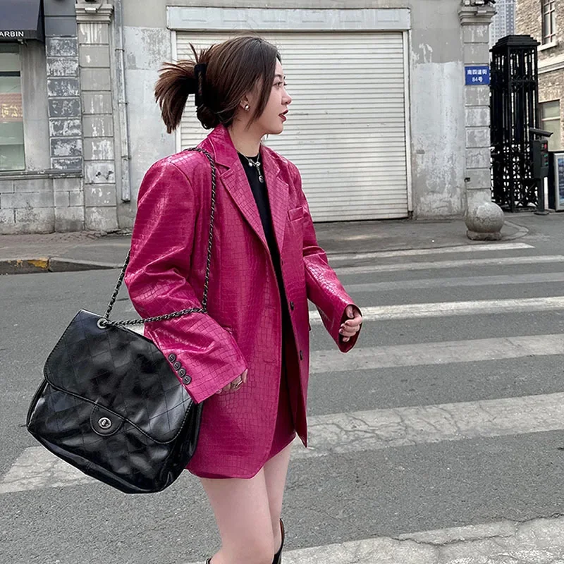 Chaqueta de traje de piel sintética con patrón de cocodrilo rojo y rosa coreano para mujer, chaqueta informal con cuello de traje de un solo pecho, ropa de calle