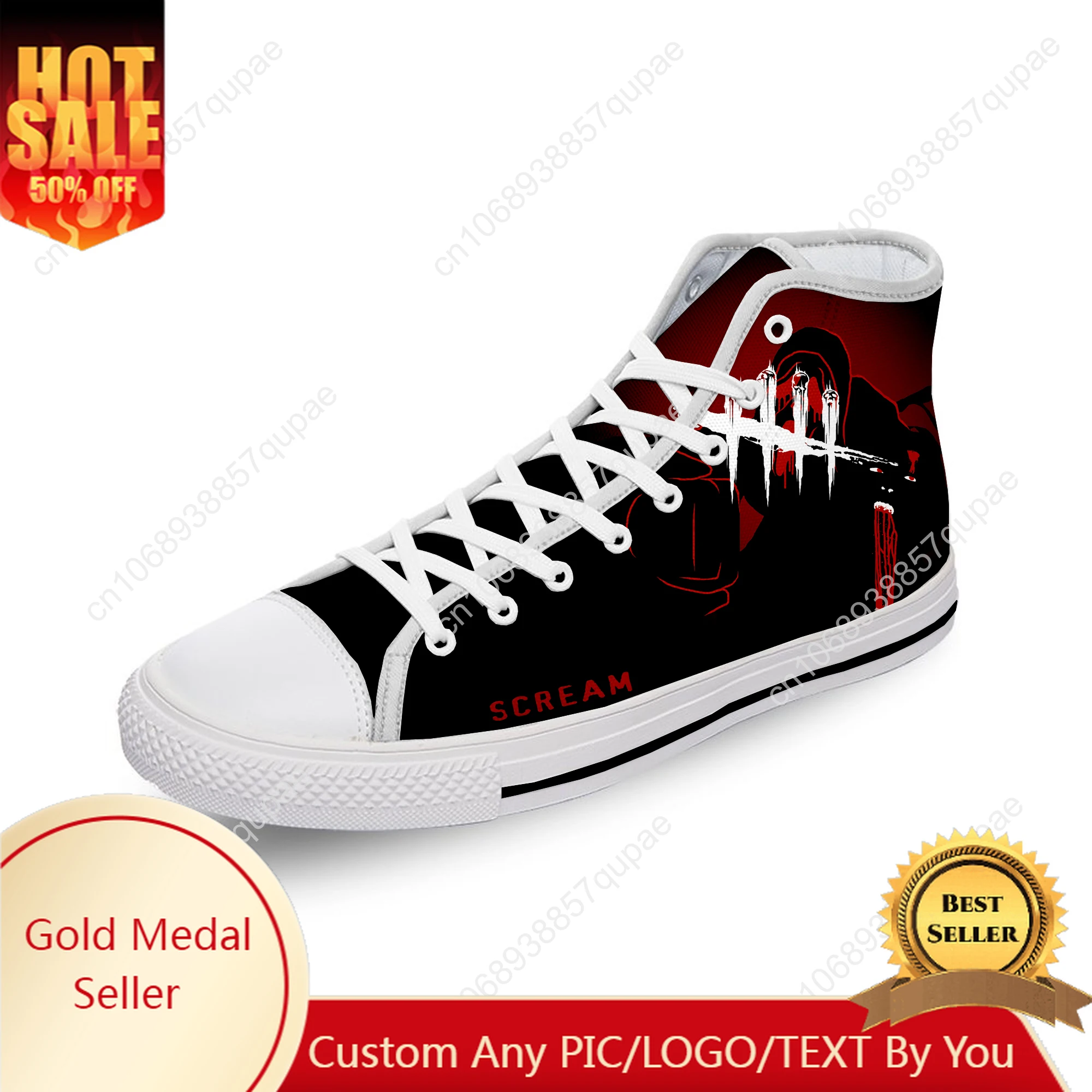 Hot Movie Scream Ghostface Horror White Cloth Fashion 3D Print High Top Canvas Shoes Men Women Lightweight Breathable Sneakers